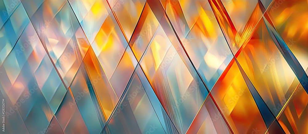 Fototapete Abstract geometric design featuring vibrant orange, blue, and soft gray hues arranged in diagonal layers creating a dynamic visual effect.