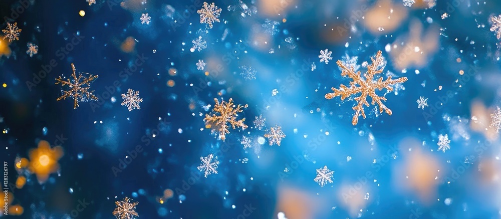Poster vibrant blue festive background with delicate golden snowflakes scattered across, creating a cheerfu