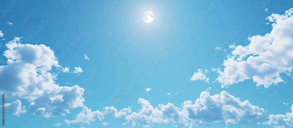 Poster serene blue sky with scattered white clouds and a radiant full moon positioned centrally creating a 