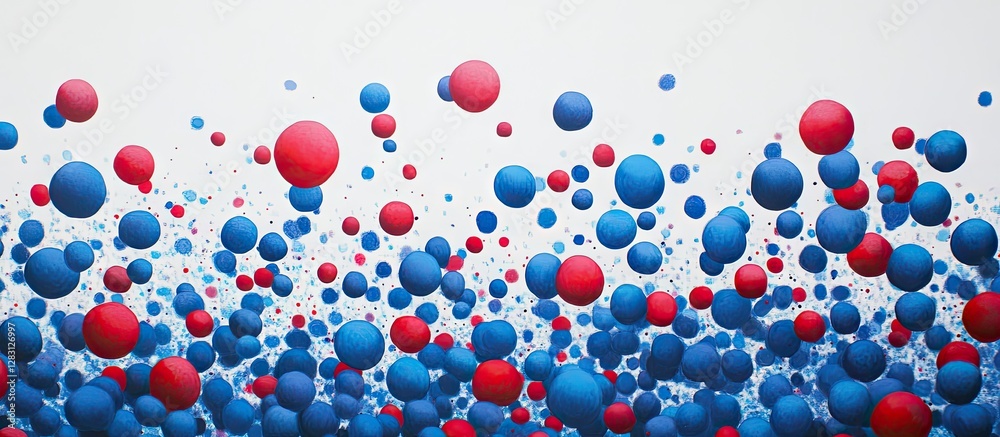 Poster Colorful array of abundant blue and red dots floating against a light gray background creating a vibrant and dynamic visual effect.