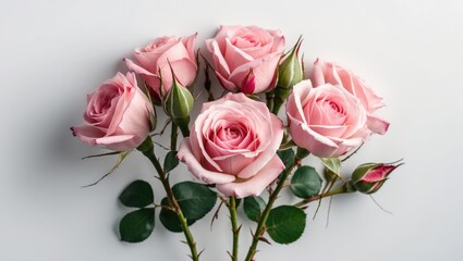 Obraz premium Pink rose bouquet with buds on a white background showcasing nature's beauty and elegance in floral arrangements.
