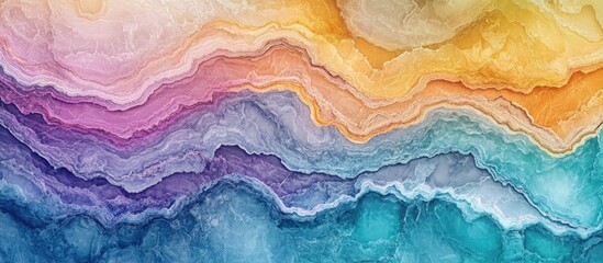 Fototapeta premium Multicolored marble gradient background with wavy overlapping layers in soft pink, orange, purple, and blue tones creating a vibrant design.