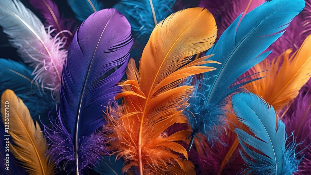 Sticker Colorful feathers background texture in vibrant shades of purple, orange, and blue, ideal for creative projects and design applications.