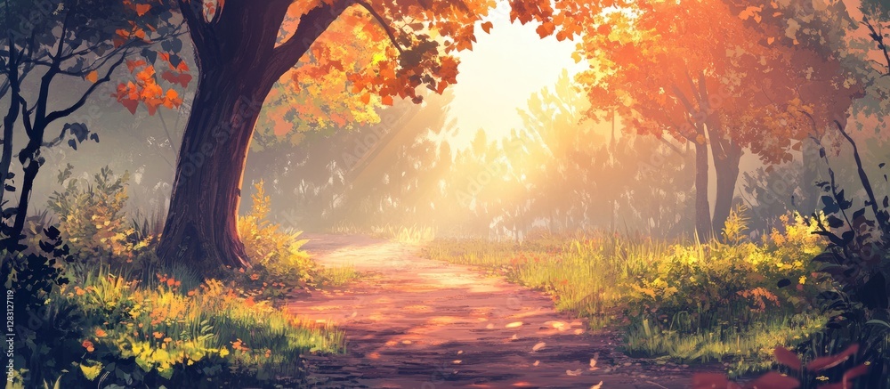 Aufkleber Serene autumn forest path with vibrant orange and green trees bathed in warm sunlight creating a tranquil nature background scene.