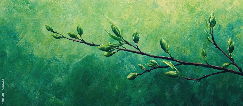 Poster willow branch with fresh buds in soft focus against a vibrant green textured background highlighting