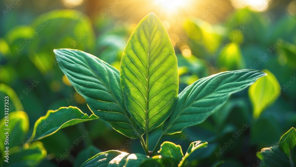 Poster Vibrant green leaf illuminated by sunlight showcasing detailed texture against a natural ecology backdrop with ample copy space