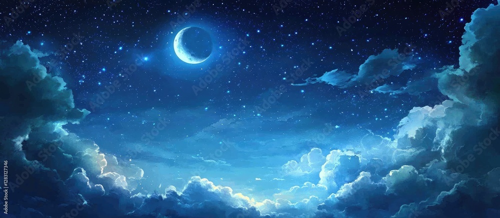 Poster peaceful night sky with a crescent moon and stars over soft blue clouds, creating a serene atmospher
