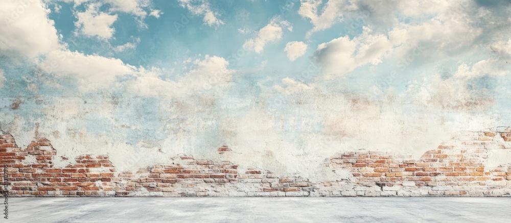 Poster vast expansive backdrop featuring weathered white and brick walls under a blue sky with soft white c
