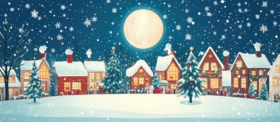 Obraz premium Christmas village under a full moon with twinkling lights and festive decorations surrounded by snowflakes and evergreen trees in winter wonderland scene