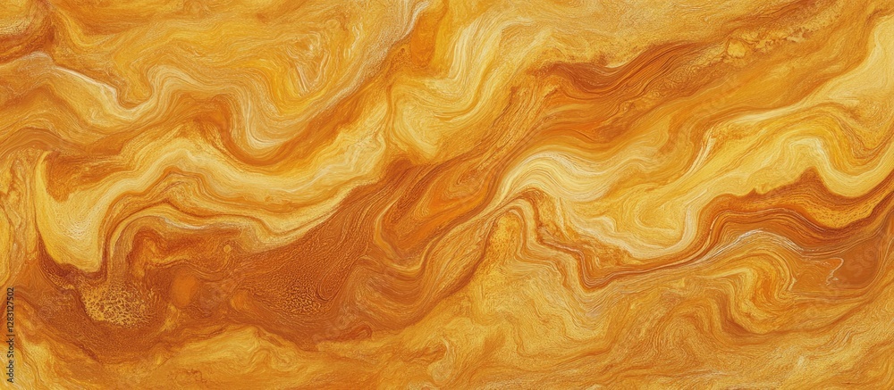 Fototapete Vibrant orange and yellow swirling paint creates a rich textured pattern with smooth gradients enhancing visual interest across the canvas.