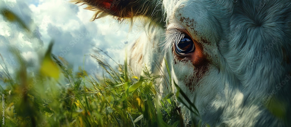 Aufkleber close-up of a cow's eye peering through lush green grass under a bright blue sky with fluffy white c