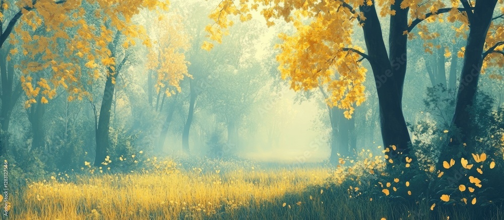 Poster mysterious autumn forest scene with fog and golden yellow leaves surrounded by lush greenery wide pa