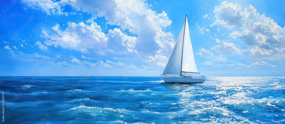 Poster serene seascape with a small white sailboat drifting in shimmering blue waters under a bright sky wi