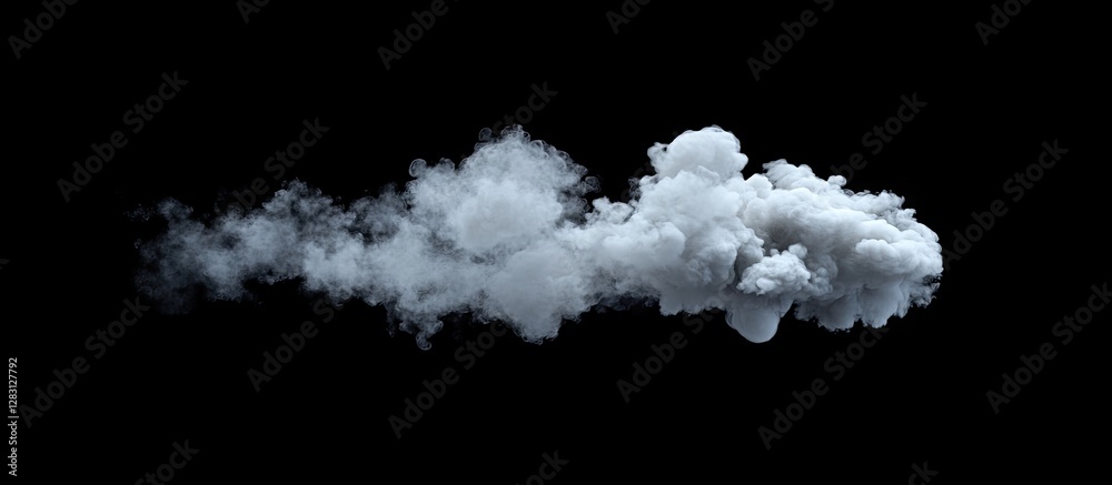 Fototapete Realistic white smoke cloud billowing from left to right on a black background, creating a dramatic and atmospheric effect for design use.