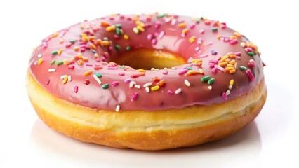 Pink Glazed Donut with Sprinkles on White Background