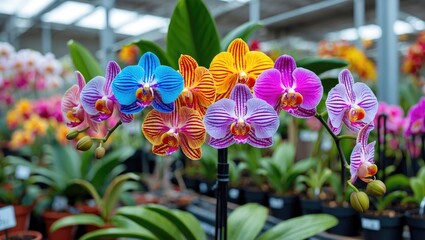 Colorful varieties of Phalaenopsis orchids displayed in a greenhouse setting with lush green foliage and blurred floral background.