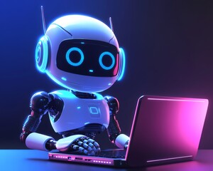 Friendly AI robot using laptop, futuristic neon blue light, robot assistant focused on typing, 3D illustration showcasing chatbot technology and modern AI work concept