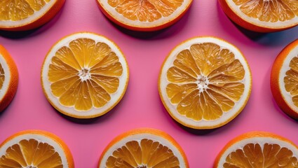 Vibrant slice orange pattern on pink background featuring fresh fruit for healthy lifestyle concepts with copy space for text.
