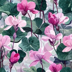 Cyclamen flowers plants floral blooming botanical seamless pattern ornament design, tile