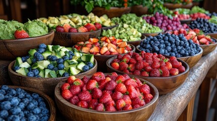 Freshly chopped fruits and vegetables in wooden bowls