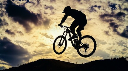 Fototapeta premium Mountain Biker Jumping Silhouette Against Cloudy Sunset Sky, Adventure Cycling