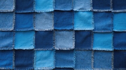 Fototapeta premium Texture of alternating blue fabric patches in varying shades creating a visually appealing textile background for design projects.