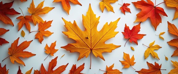 Autumn leaves composition with variously shaped yellow orange and red foliage on a light background in flat lay style.