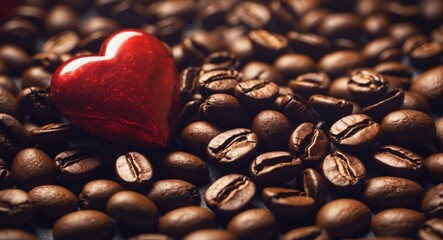 Red heart decoration on a bed of roasted coffee beans in a close-up composition suitable for themed marketing and advertising.