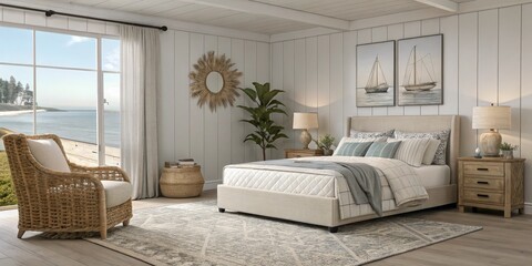 Fototapeta premium Coastal Bedroom Design Beige Upholstered Bed, Ocean View, Natural Textures, Farmhouse Style, Bedroom Decor Coastal Decor, Bedroom Design