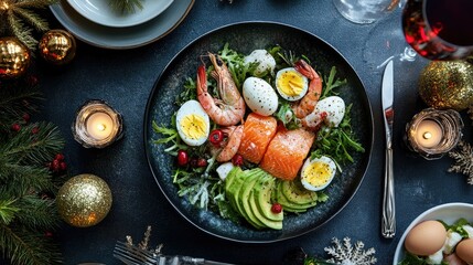 Top view of a gourmet salad with prawns, salmon, avocado, and eggs, beautifully arranged on a festive dining table.