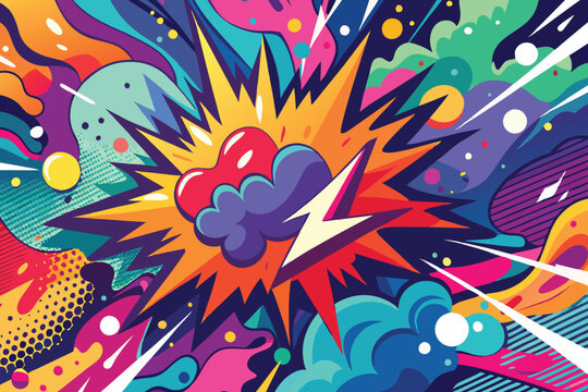 Dynamic and colorful pop art background with expressive brush strokes, abstract camouflage textures, and vibrant spray paint