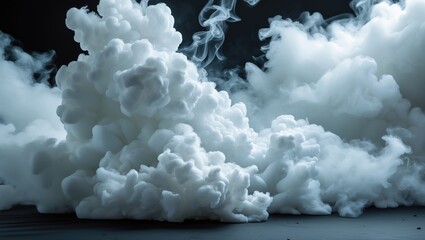 White smoke clouds forming abstract shapes on a dark background with soft lighting and texture details in a dramatic composition