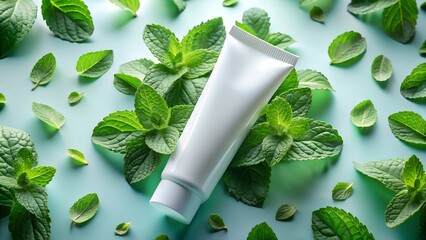 Sleek Toothpaste Tube with Mint Burst and Floating Leaves