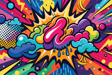 Abstract vector background featuring a bold pop art style with hand-drawn brush strokes, spray paint textures, and a vibrant camouflage