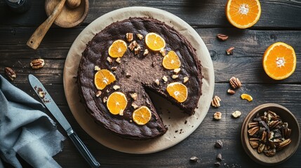Top-down shot of a flourless chocolate cake with orange, nuts, and cacao, styled with minimalistic elegance.