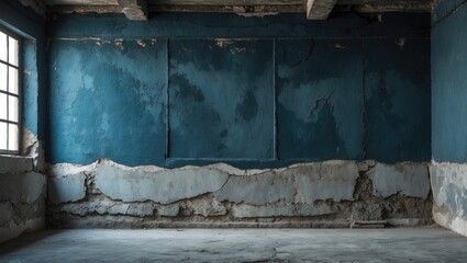 Textured old dark blue cement wall with peeling paint and cracked surface in an empty room interior setting.