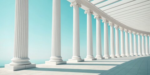Fototapeta premium Curved Colonnade Classical Architecture, White Pillars, Serenity, 3D Render, Classical Design, Architectural Visualization Classical Architecture, 3D Rendering