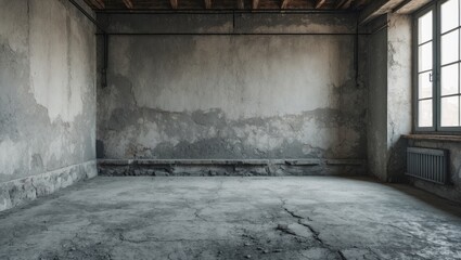 Obraz premium Empty industrial room with rough grey cement walls and cracked floor, showcasing neutral interior space and natural light from window.