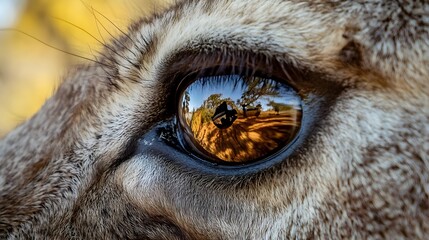 Naklejka premium Close-up of a deer?s eye reflecting nature, showcasing intricate details and vibrant surroundings