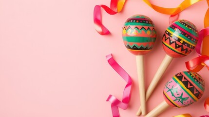 Colorful Maracas with Pink and Orange Ribbons on Pink Background