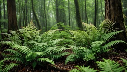 Vibrant lush ferns thriving in a serene forest setting surrounded by tall trees and a tranquil atmosphere of nature.