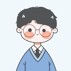 Cute cartoon illustration of a young boy with short black hair, round glasses, and rosy cheeks. He wears a blue sweater over a white collared shirt with a black tie