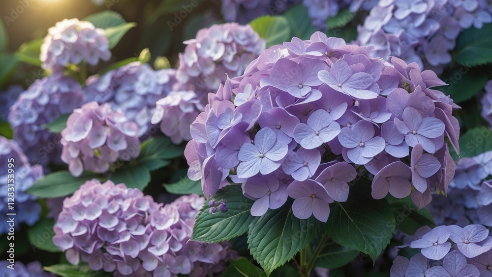 Wall mural Blooming pale purple hydrangeas surrounded by lush green foliage in soft natural light showcasing their delicate beauty and vibrant colors.