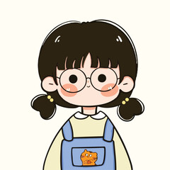 Cute cartoon avatar illustration of a young girl with short hair, round glasses, and rosy cheeks, smiling sweetly against a pastel background.