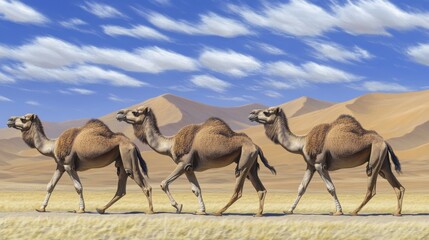 Fototapeta premium Camels walking across desert landscape sand dunes wildlife photography sunny day side view nature's majesty