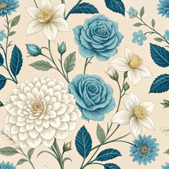 Obraz premium Elegant Blue and White Floral Seamless Pattern Roses, Dahlias and Daffodils, Vintage Botanical Illustration, Cream Background Floral Pattern, Botanical Illustration