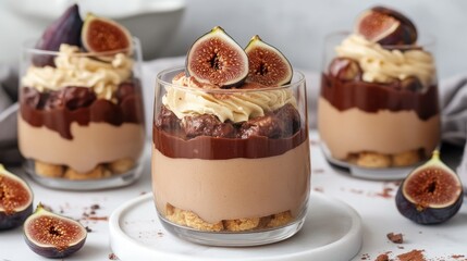 Trifle dessert with velvety chocolate buttercream, sliced figs, and crunchy biscuit layers, served in a glass with a delicate garnish of cocoa dust.