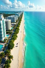 Aerial perspective, showcasing Fort Lauderdale's beachfront hotels and turquoise water , boats, buildings