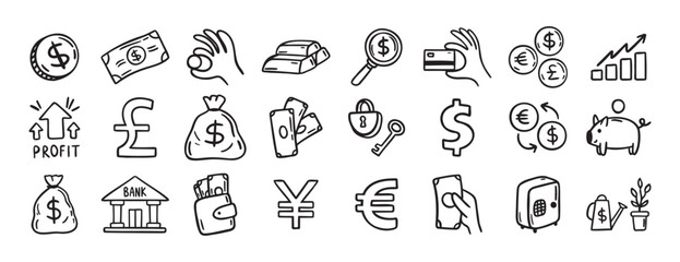 Money, finance and currency doodle set. doodle hand drawn icon set. Outline drawing dollar Banknotes, coins, money bag line clipart symbol collection