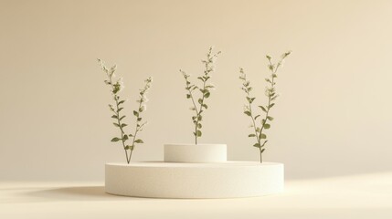 Cylinder abstract minimal scene with geometric platform. Summer background vector 3d rendering with podium. stand to show cosmetic products. Stage showcase on pedestal modern 3d studio beige pastel